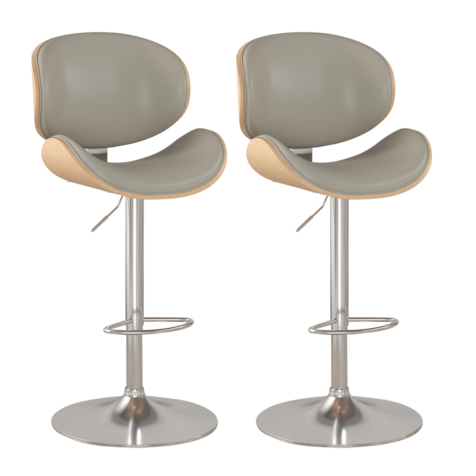 KCC Bar Stools Set of 2, Swivel Adjustable Height Barstools, PU Leather Upholstered Bar Chairs with Footrest, Bentwood Bar Stool for Kitchen, Bar, Dining Room(Grey PU)