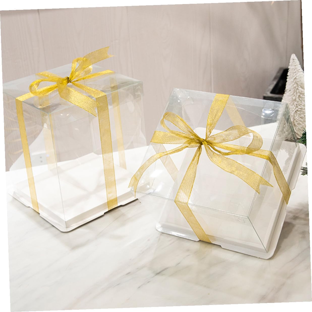Mikinona 5pcs 8-inch Double Layer Square Cake Boxes with Ribbon Food-grade Plastic Cake Packing Containers for Birthday Dessert Storage and Packaging