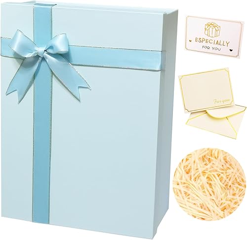 MYGOGOART Caja de regalo grande blanca de 13 x 10 x 5 pulgadas con tapa, lazo de cinta, relleno de papel de rafia triturado, tarjeta de felicitación