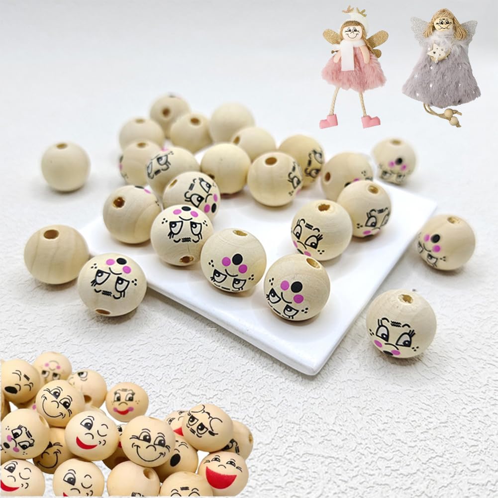 80 Cuentas Madera Con Cara 20mm - 8 Estilos Divertidos - Para Manualidades, Joyería, Worry Worms - DIY Creativo