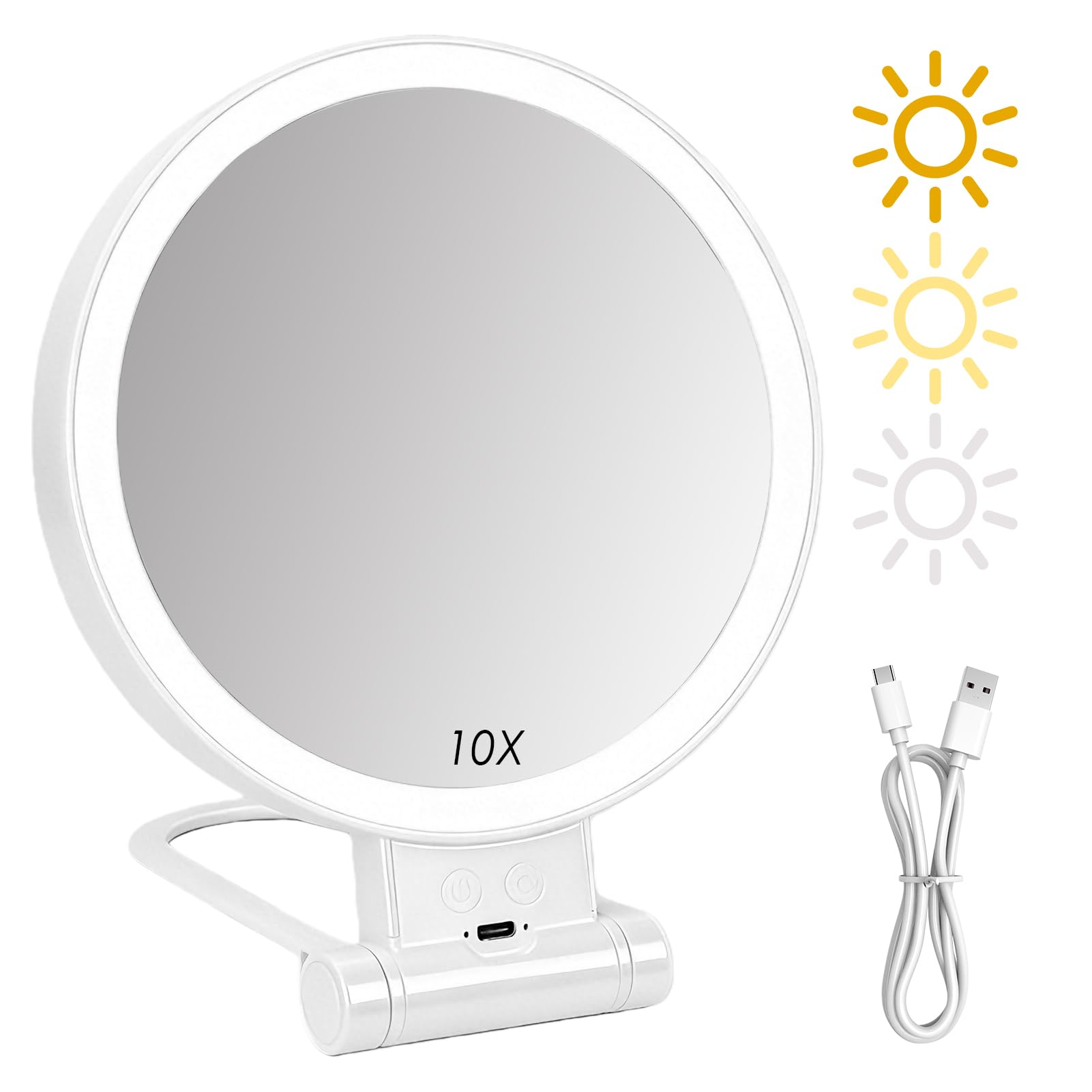 GCNWW 1X/10X Double Sided Magnifying Mirror with Light, Folding Lighted Rechargeable Makeup Mirror for Home 360° Rotation 3 Color Led Lights Smart Touch Screen Dimming for Bathroom and Travel