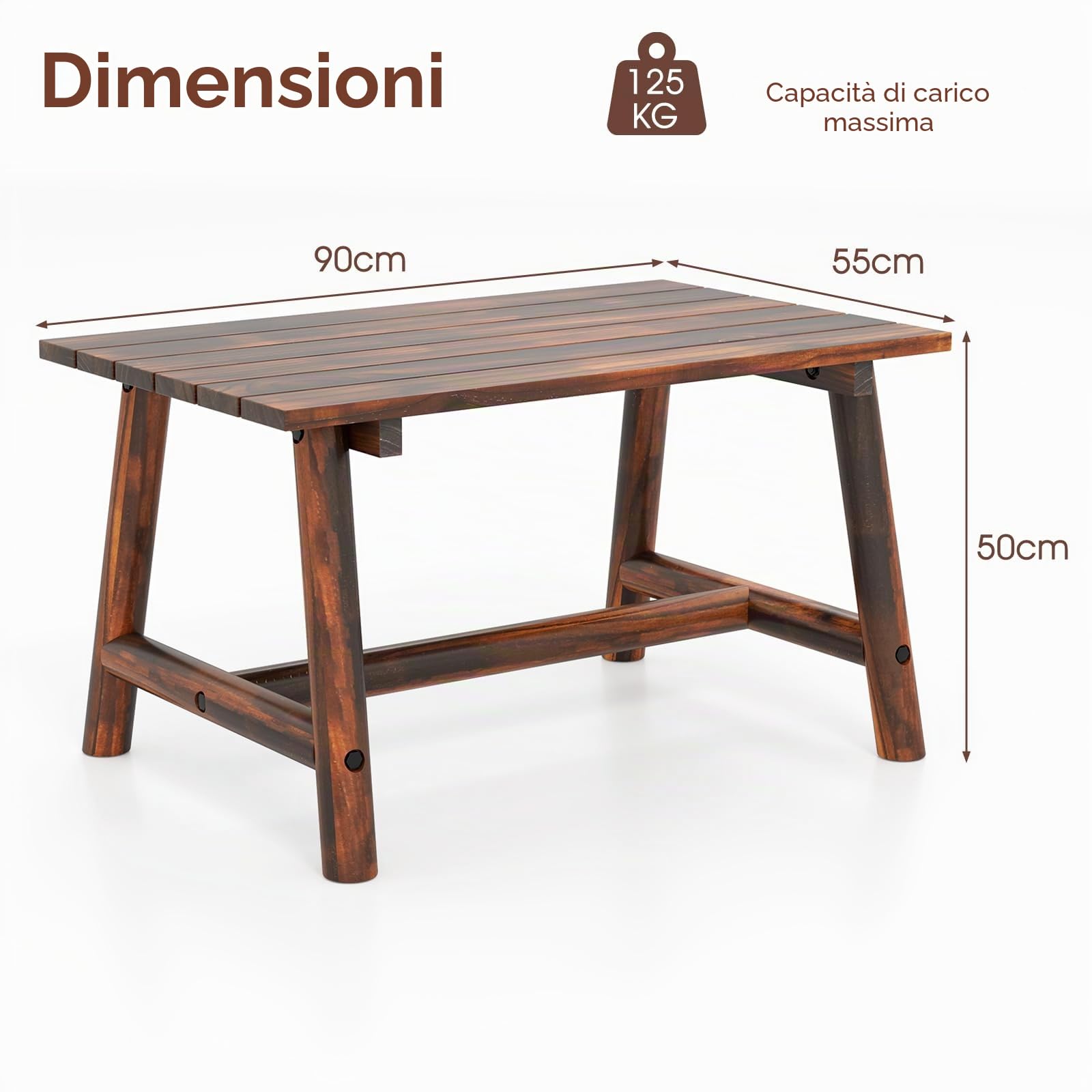 KOMFOTTEU Tavolo da giardino in legno massello, tavolino ausiliario terreza esterno con carico di 125 kg, tavolino basso rettangolare con piano a doghe per balcone, patio, 90 x 55 x 50 cm (marrone)