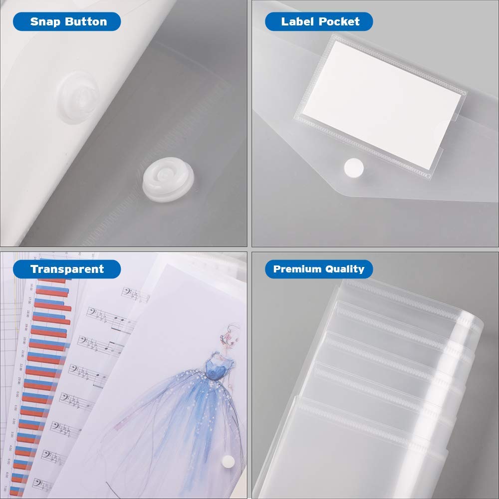 Busta trasparente per documenti formato A4, organizer con bottoni a pressione, contenitore in plastica trasparente per documenti, cancelleria, confezione da 40
