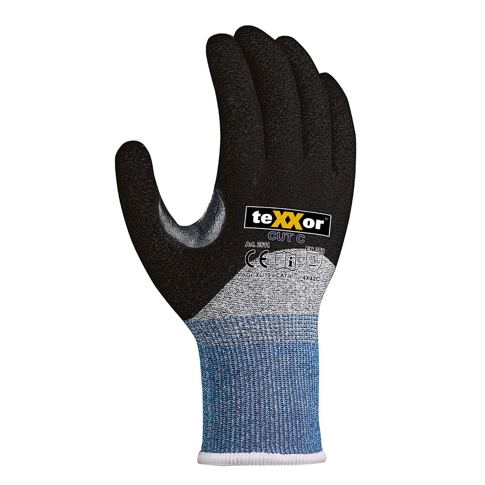 texxor 288 Stück Schnittschutz-Strickhandschuhe 2611, CUT C 3/4 beschichtet, grau-schwarz, 8/M, Karton, Schnittschutzhandschuhe, Arbeitshandschuhe, Küchenhandschuhe