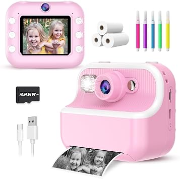 Kids Camera Instant Print, Christmas Birthday Gifts for Kids 3-12, 1080P Instant Print Camera for Kid, Toddler Camera Toy for 4 5 6 7 8 9 10 Year Old Girls Boys with 3 Rolls Paper and 32GB Card-Pink