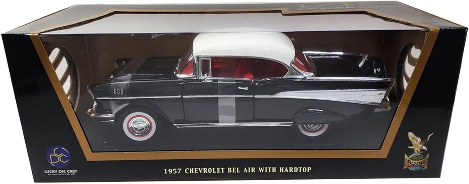 1957 Chevy Bel Air Hardtop Black with White Top and Red Interior 1/18 Diecast Model Car by Road Signature 92109bk