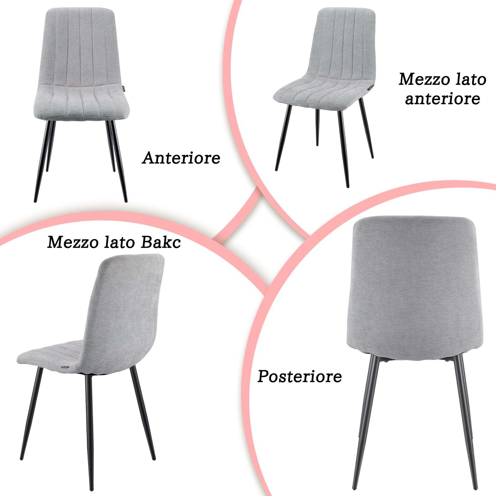 WAFTING Set di 4 Sedie da Pranzo, Sedie a Righe Imbottite con Schienale Alto con Pieds in Metallo, per Sala da Pranzo, Soggiorno, Cucina e Reception, Grigio