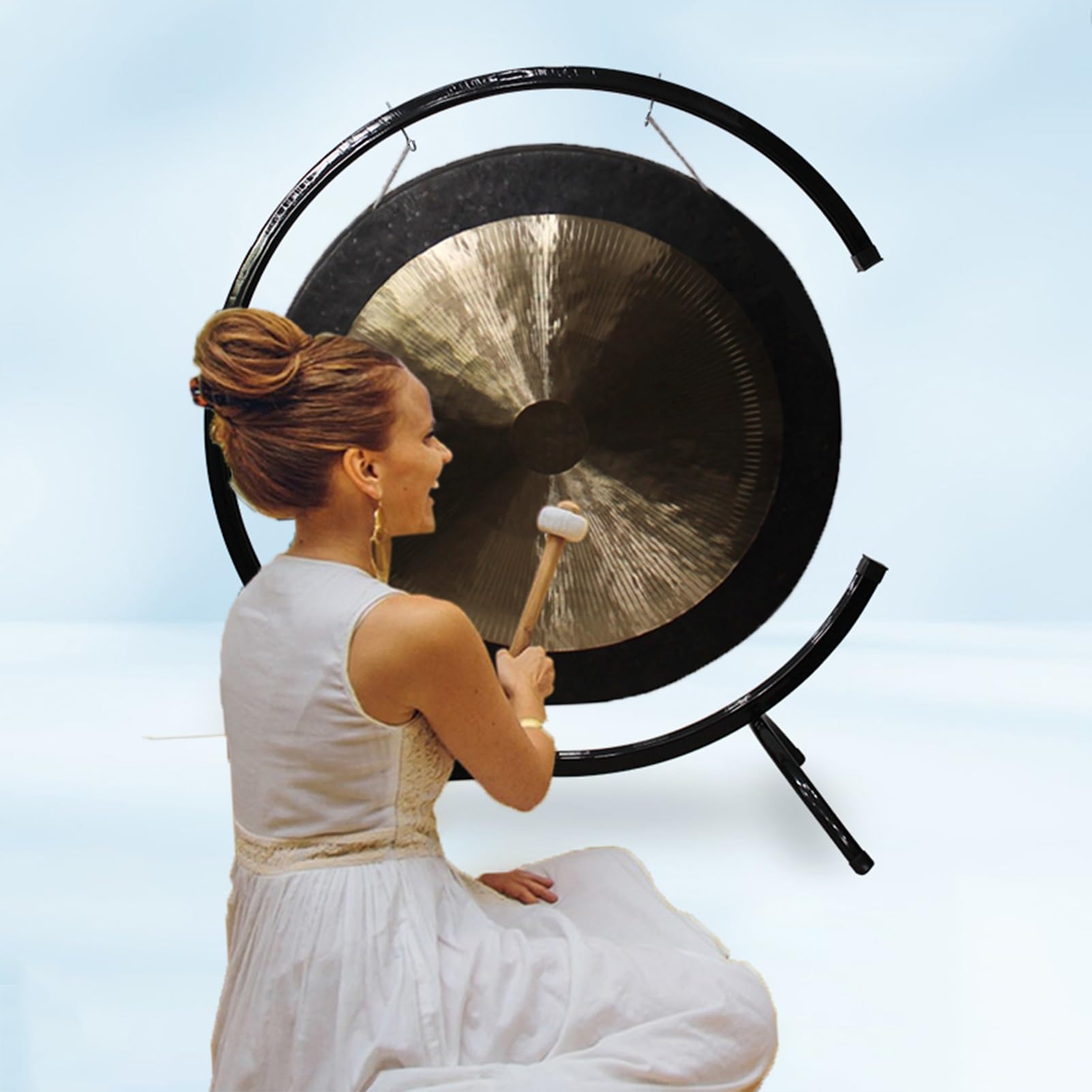 Soporte de gong en forma de C para gong de viento, soporte de metal estable con apertura circular para meditar y jugar