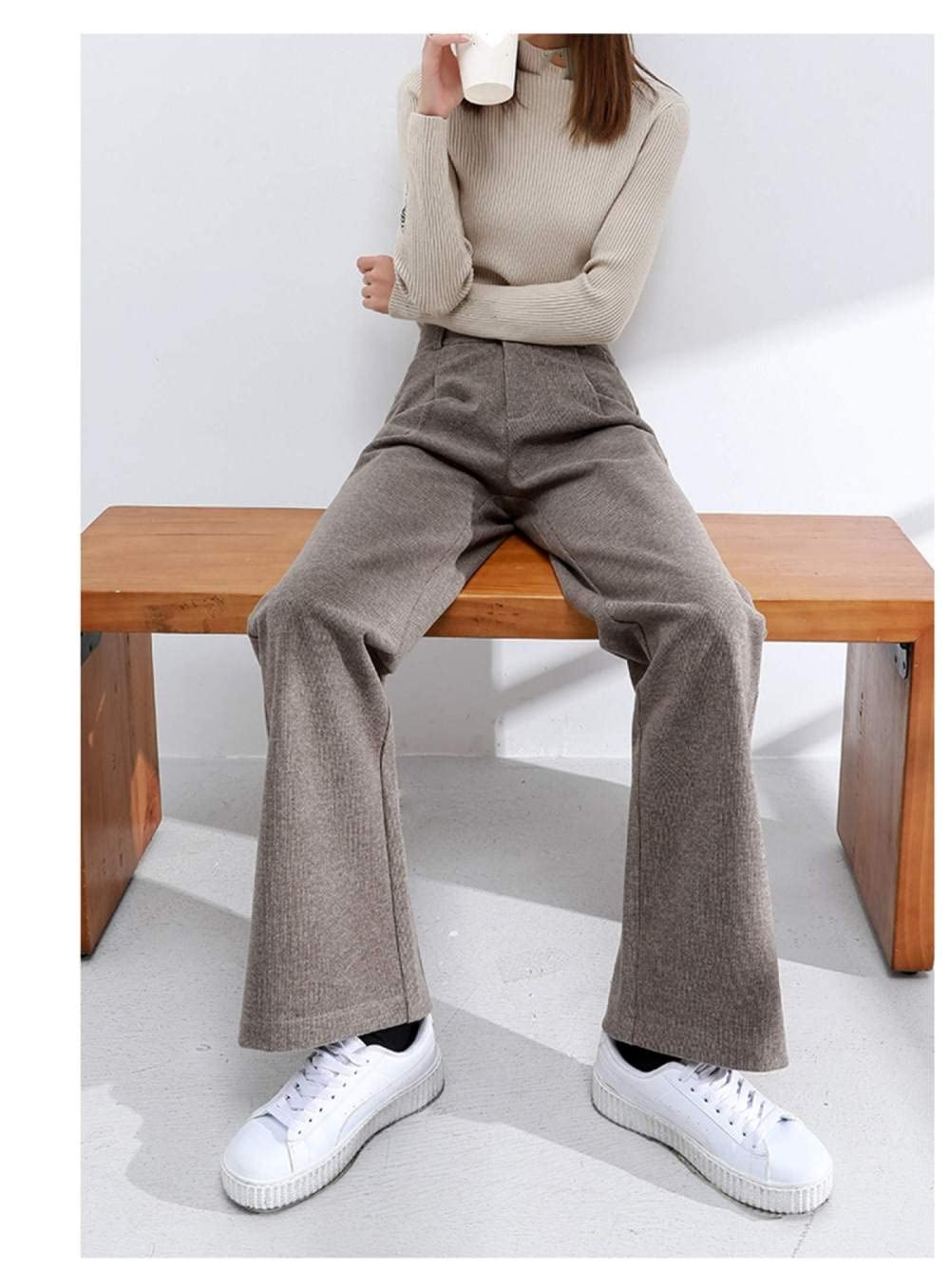 Pantalones De Pierna Ancha para Mujer - Pierna Ancha De Lana De Moda, Pantalones De Pierna Recta De Cintura Alta Cálidos De Otoño E Invierno, Pantalones Gruesos Suaves Pantalones De