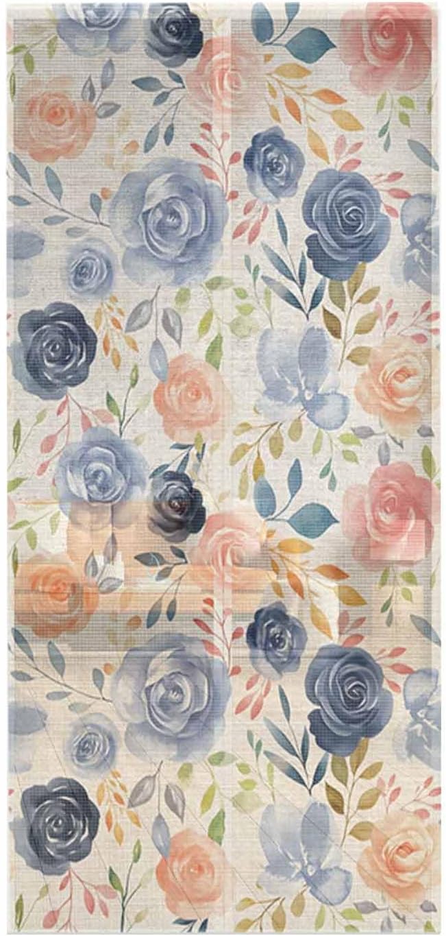 Colorful Flowers Magnetic Screen Door, Watercolor Retro Blue Pink Floral Hands Free Screens Mesh Size 38" x 83", Reinforce Heavy Duty Mesh Screen Doors for Patio/Front/Sliding Door