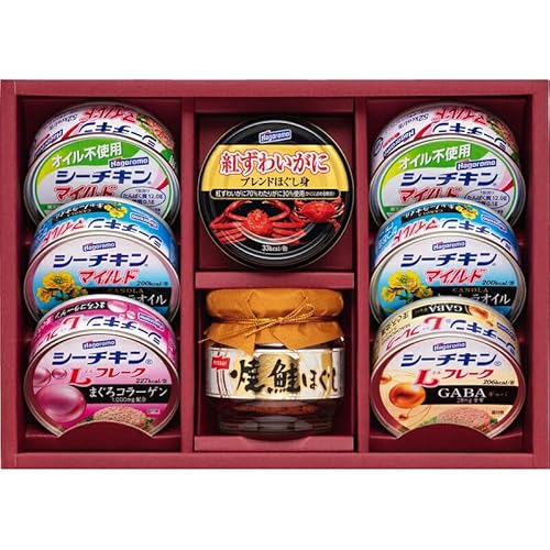 冬の贈り物お歳暮 バラエティシーフードギフト はごろもフーズ シーチキンマイルド(キャノーラオイル・オイル不使用)(各70g)×各2、シーチキンLフレーク(コラーゲン入り・GABA入り)(各70g)・紅ずわいがにブレンドほぐし身(55g)・焼鮭ほぐし(50