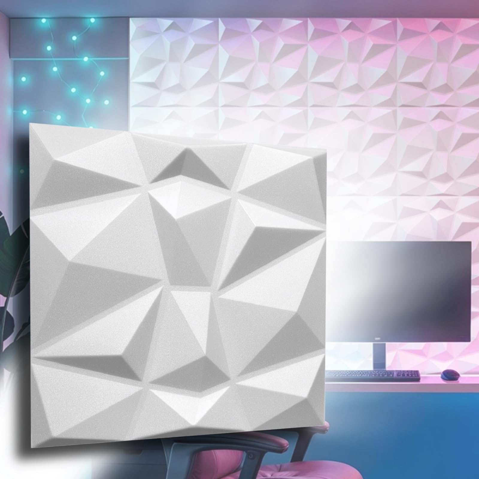 Eurodeco 3D Wandpaneele - 3D Wandverkleidung aus Polystyrol XPS Styropor - Dekoren Deckenpaneele - Wanddeko Platten - 50 x 50 cm, 3 mm Stärke, Diamant Weiß, 8 Stück (2m²)