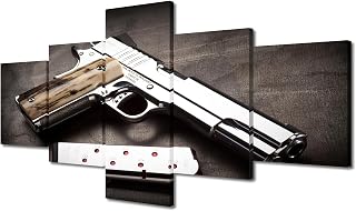 Gun Wall Art 5 Piece Canvas Pistols and Magazines Paintings Decorations for Living Room Contemporary Pictures Artwork Modern Home Decor Giclee Wooden Framed Gallery-wrapped Ready to Hang 50" Wx24 H