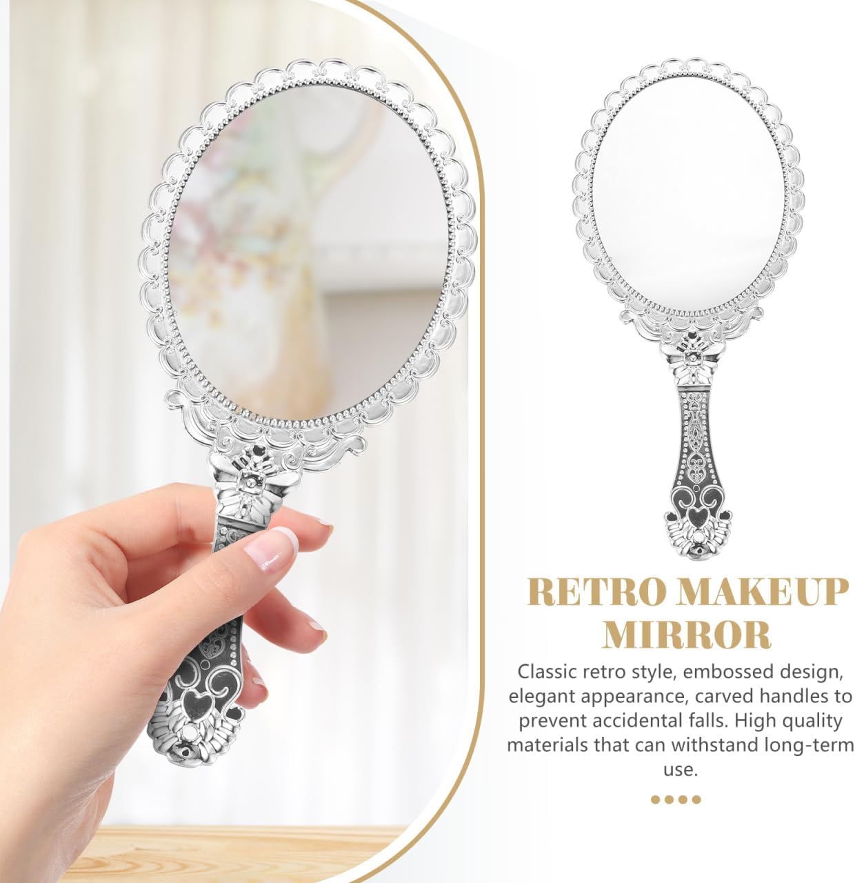 Vintage Handheld Mirror with Handle Portable Travel Makeup Mirror Compact Round Design Lightweight Embossed Flower Pattern for Women S Quick Touch-Ups