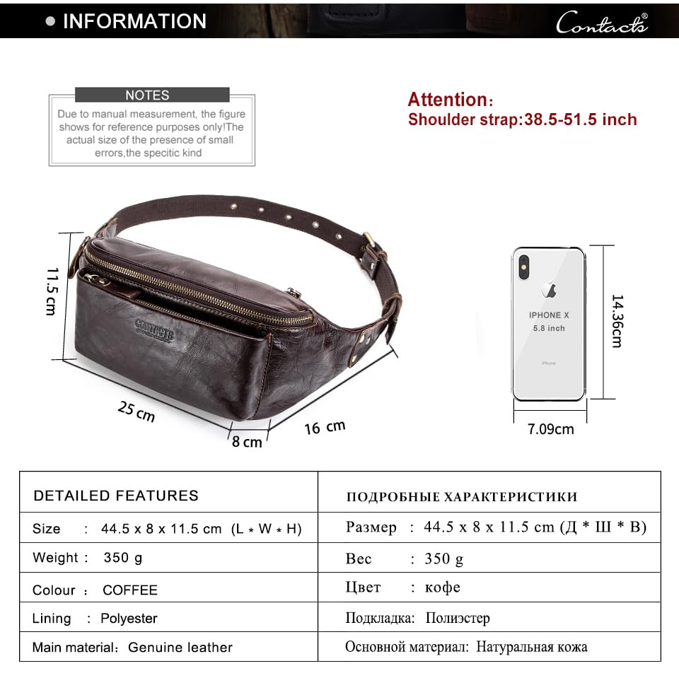 Image of Genuine Leather Crossbody Waist Bag Coin Purse Phone Wallet Adjustable Waist Bag with Zipper Dark Brown