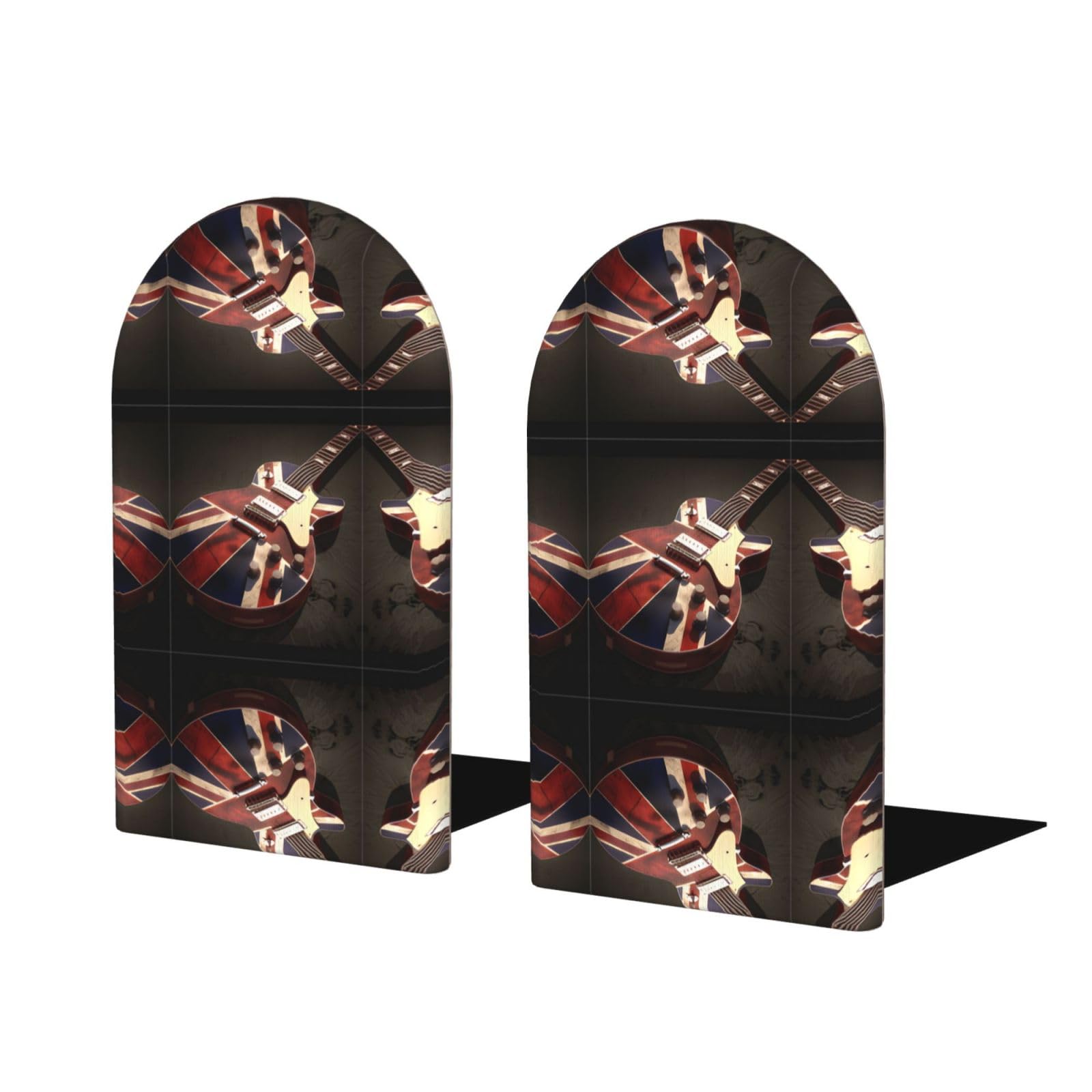Guitar British Flag Stylish Bookends with Full-Print Design Durable Wooden and Metal Bookend Set for Home, Office