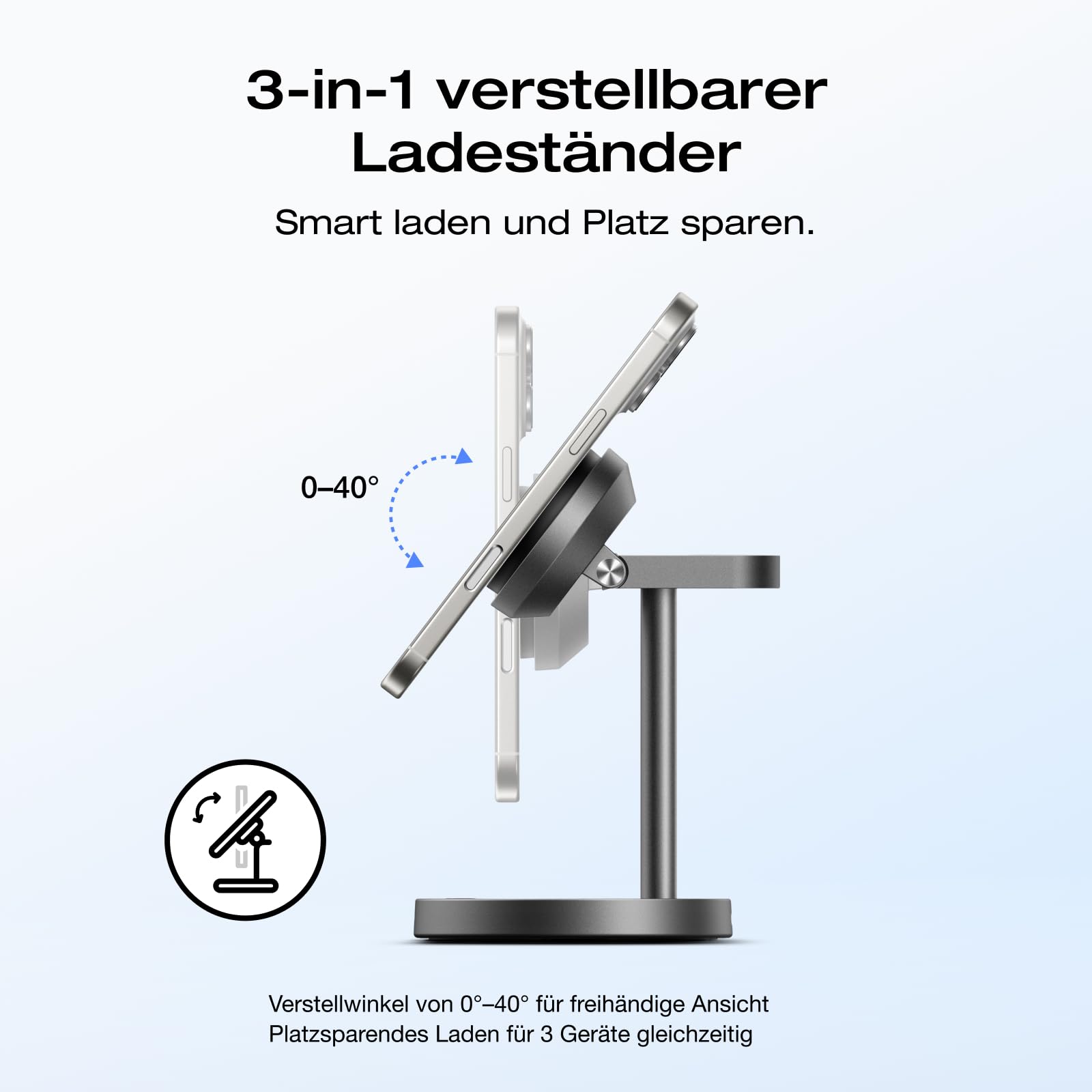EcoFlow 3 in 1 Qi2 Magsafe Apple Ladestation mit Verstellbarer Ständer, Kabellose iPhone Ladestation Magnetisches Kabelloses Ladegerät 15W für iPhone 17/16/Series, Apple Watch und AirPods, Schwarz