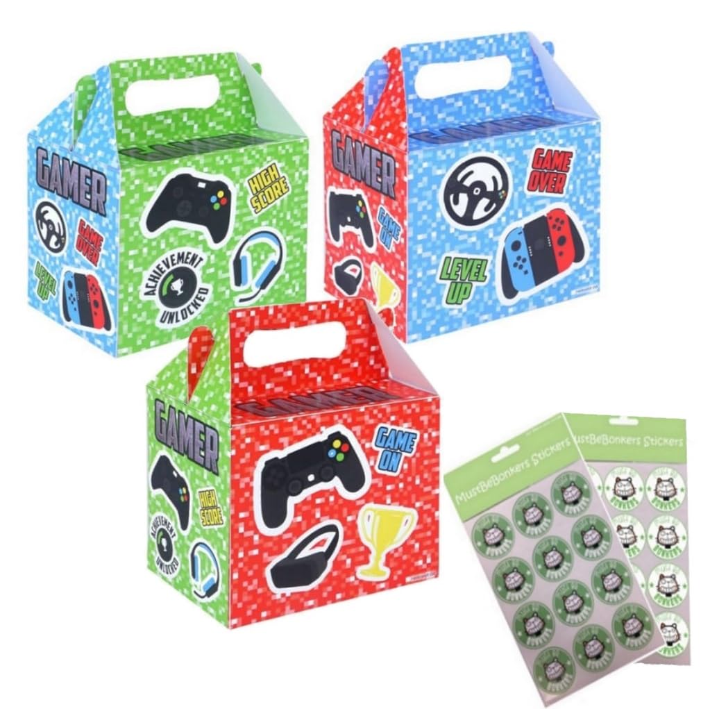 Boys Gaming Gamer Console Birthday Party Food Plate Box - Fun Gift Cake Boxes X And MustBeBonkers® Sticker Seals (40 Boxes)