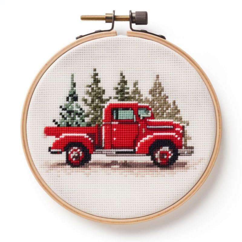 Christmas Red Truck Cross Stitch Kits with Hoop Easy Pattern Stamped Cross-Stitch Supplies Needlework DIY 11CT 2 Strands Cotton Thread Printed DIY Needlepoint Kits 35×35cm (zw203)
