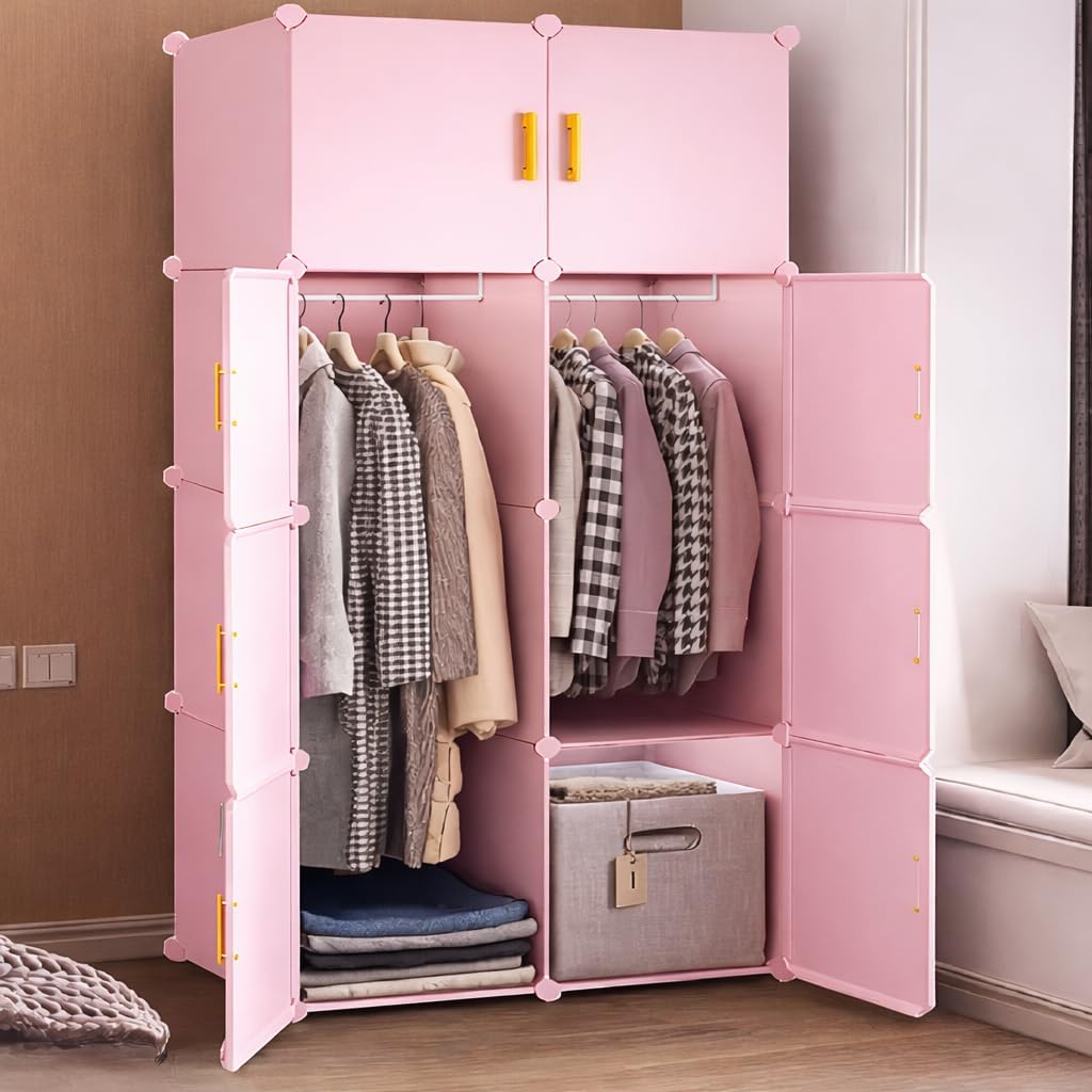 SNKR ESSENTIALS 8 Door Foldable Plastic Wardrobe for Clothes Baby Cupboard for Clothes Storage, Wardrobe for Kids, Plastic Almirah, Collapsible Wardrobe for Living Room (Pink-X3, 8-Door)