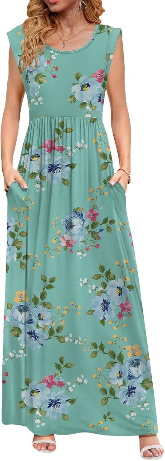 DB MOON Womens 2025 Maxi Dresses Empire Waist Long Summer Dress Casual Cap Short Sleeve Sundress with Pockets