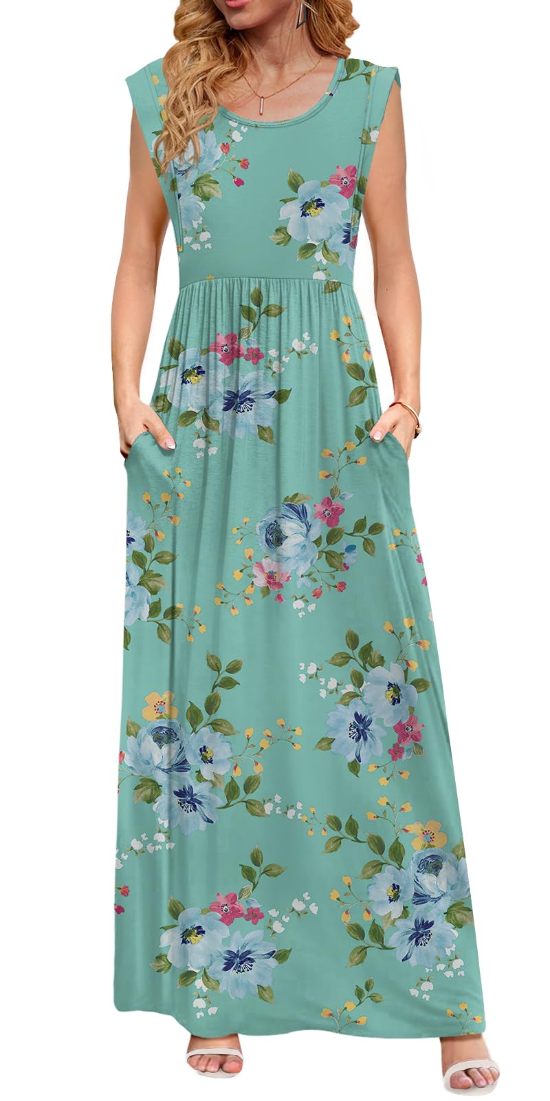 DB MOON Womens 2026 Maxi Dresses Empire Waist Long Summer Dress Casual Cap Short Sleeve Sundress with Pockets