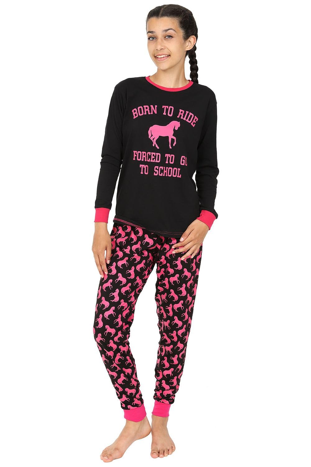 thepyjamafactory Born To Ride Forced To Go To School Ragazze Lungo Cotone Pigiama Pjs per Bambini