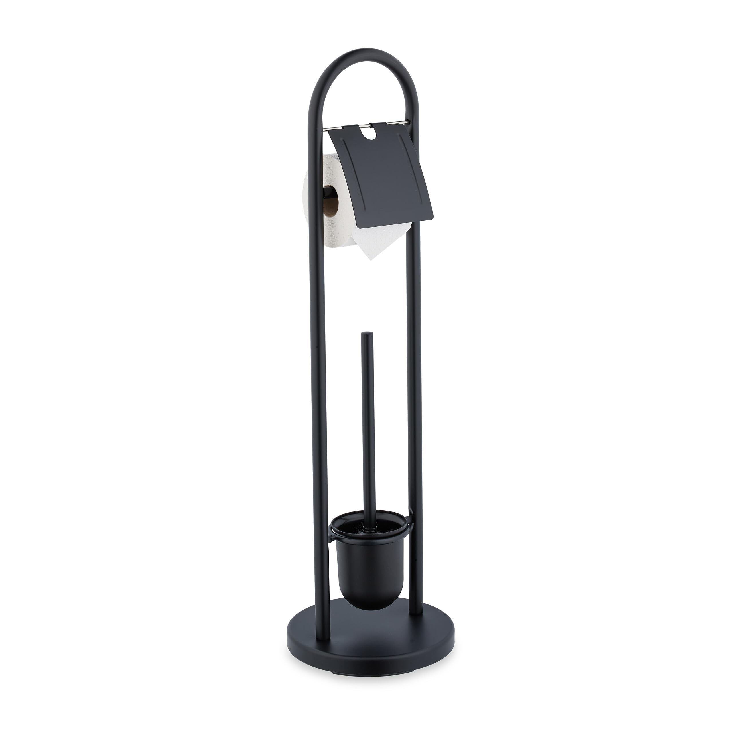 Relaxdays Black Toilet Roll Holder And Brush Set, Stainless Steel, Hxd 79 X 22 Cm, Freestanding Bathroom Paper Stand, Foam, Plastic