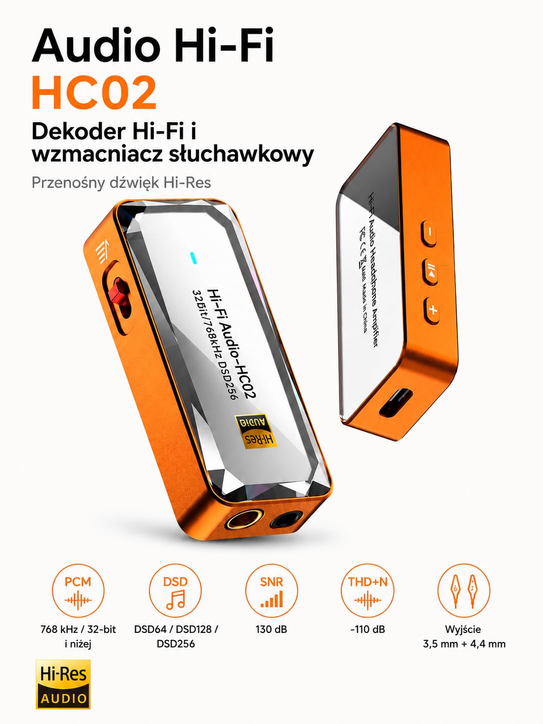 USB C DAC wzmacniacz słuchawkowy, CS43198 HiFi dongle DAC z wyjściem 3,5 mm i 4,4 mm, przenośny DAC AMP, DSD256 32bit/768kHz do IEM, słuchawek, laptopa i PC,pomarańczowy | USB C DAC z CS43198, Hi-Res, 3,5 mm i 4,4 mm