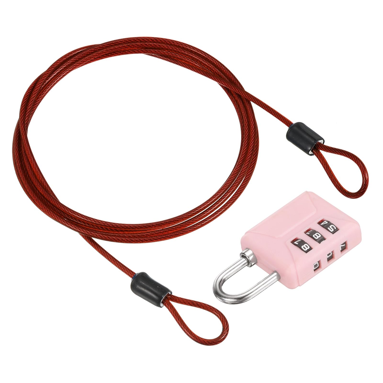 PATIKIL 4.9ft(59.1") Security Steel Cable with 3 Digit Combination Lock, 1 Set Travel Padlock PVC Coated Safety Wire Rope Double Loop for Luggage Suitcase, Clear Red Pink