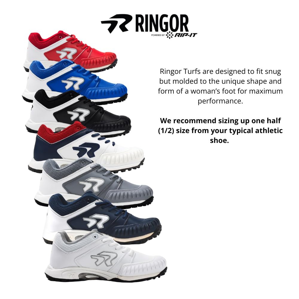 Ringor Flite Softball Turf Shoes with Pitching Toe - Lightweight and Durable Softball Shoes for Women - Royal and White - Size 11.5