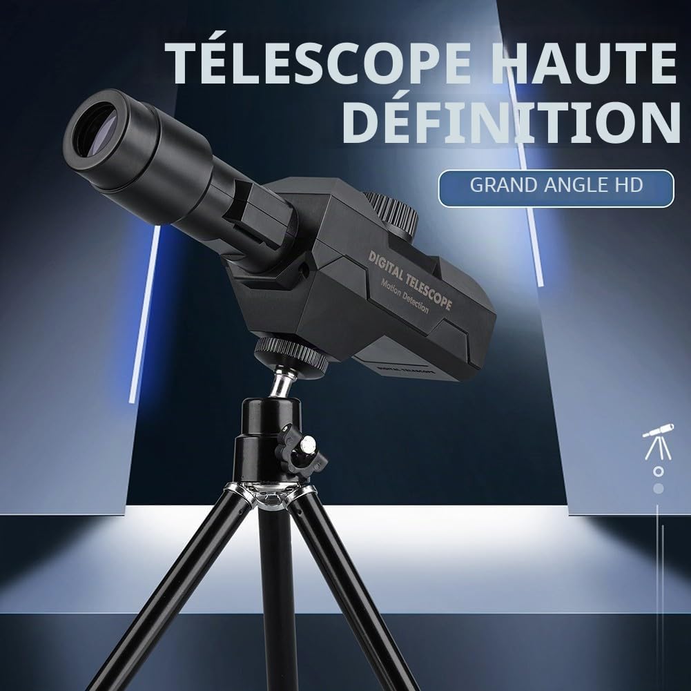 Télescope monoculaire numérique, zoom 70x, HD 2 millions de pixels, batterie 2000 mAh, connectivité sans fil pour smartphone/tablette, noir, avec trépied