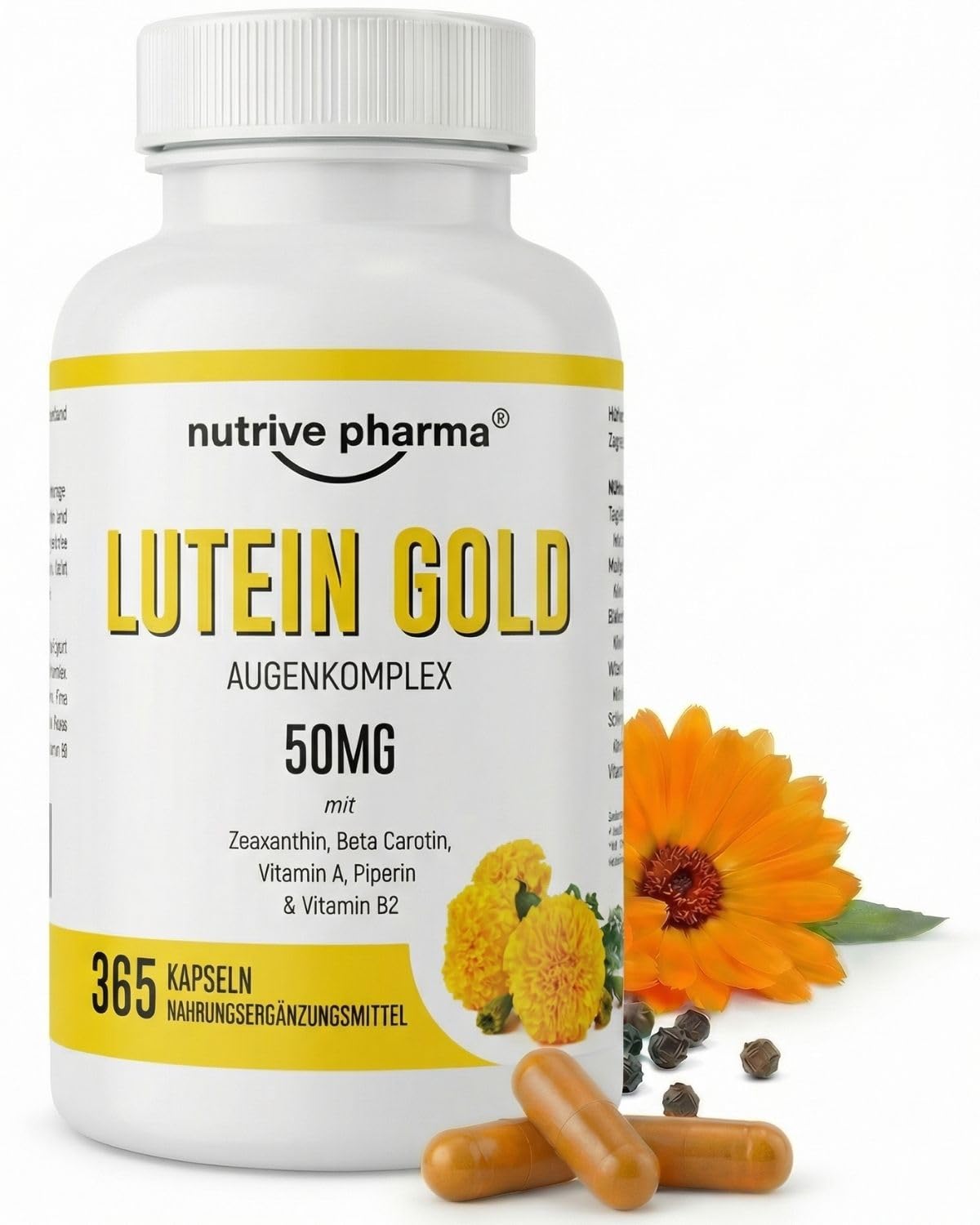Lutein 50mg mit Zeaxanthin, Beta Carotin, Vitamin A & B2, Piperin | 365 Kapseln | Augengesundheit & Blaulicht-Schutz | Gentechnik- & glutenfrei | von nutrive pharma