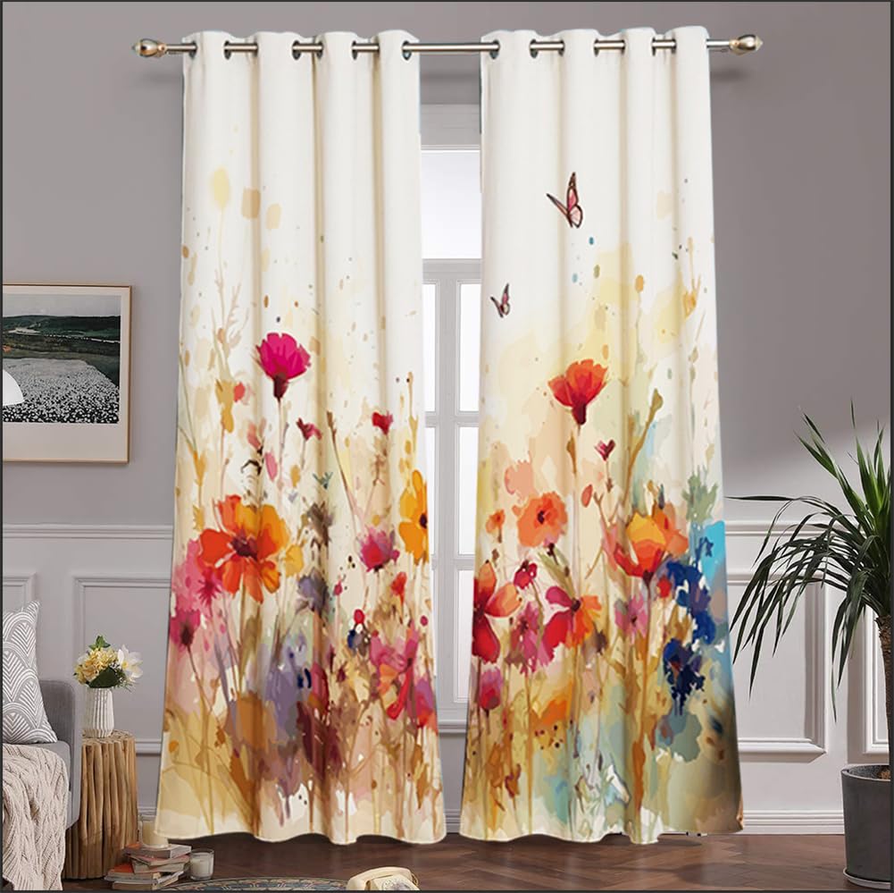 ZBOOM Blumen Vorhänge, Bunt Aquarell Blume mit Ösen Gardinen mit Blickdichte Thermo Vorhang Kälteschutz Blackout Curtain Mädchenzimmer Verdunkelung Fenster, 2 Stück, H 210 x B 132 cm