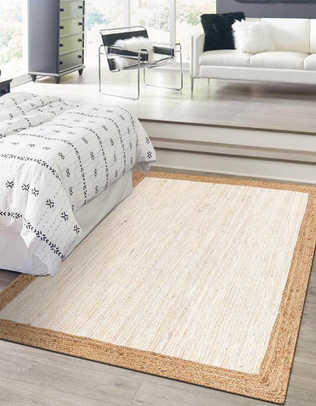 Aizza Trends Alfombra de yute blanco, 7 x 11 pies, alfombra bohemia y elegante, de yute natural, trenzada a mano, decoración rústica de granja para sala de estar, comedor y dormitorio