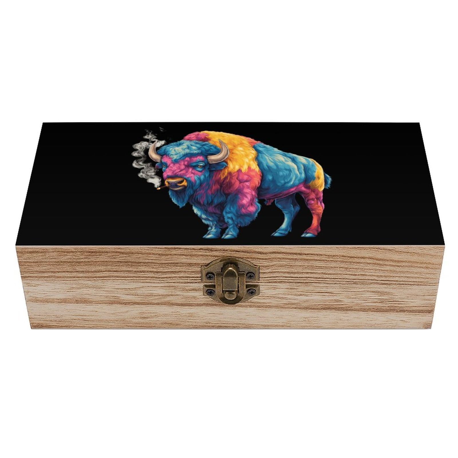 HLBSDM Colorful Bison Smoking Wooden Box with Hinged Lid Decorative Storage Case Container