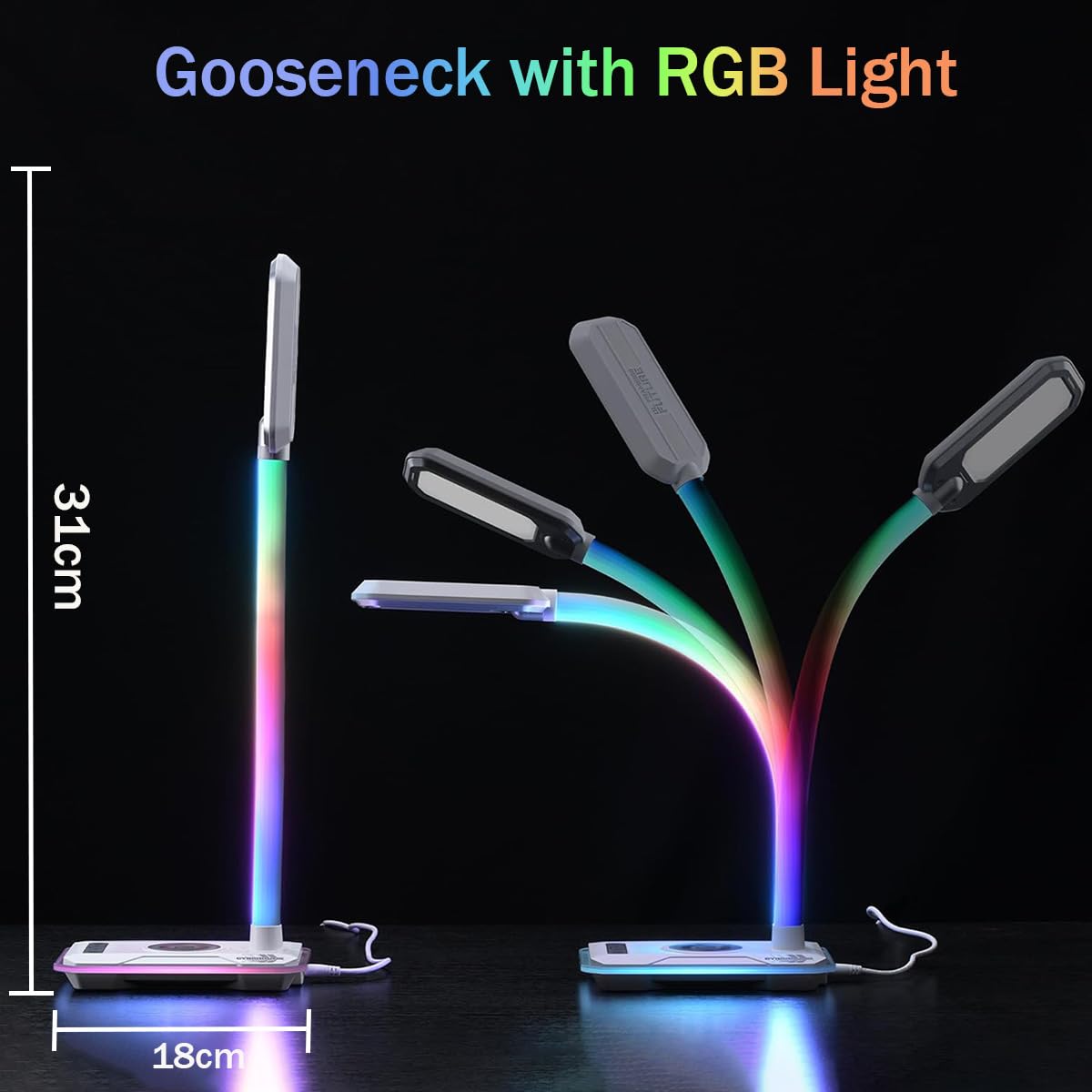 Schreibtischlampe LED Dimmbare RGB Tischleuchte mit 15W Wireless Charger und USB Ladefunktion, Musik Sync, Touch Steuerung, 8 Farbmodi , Einstellbar Schwanenhals Leselicht für Lesen Home Office, Weiß