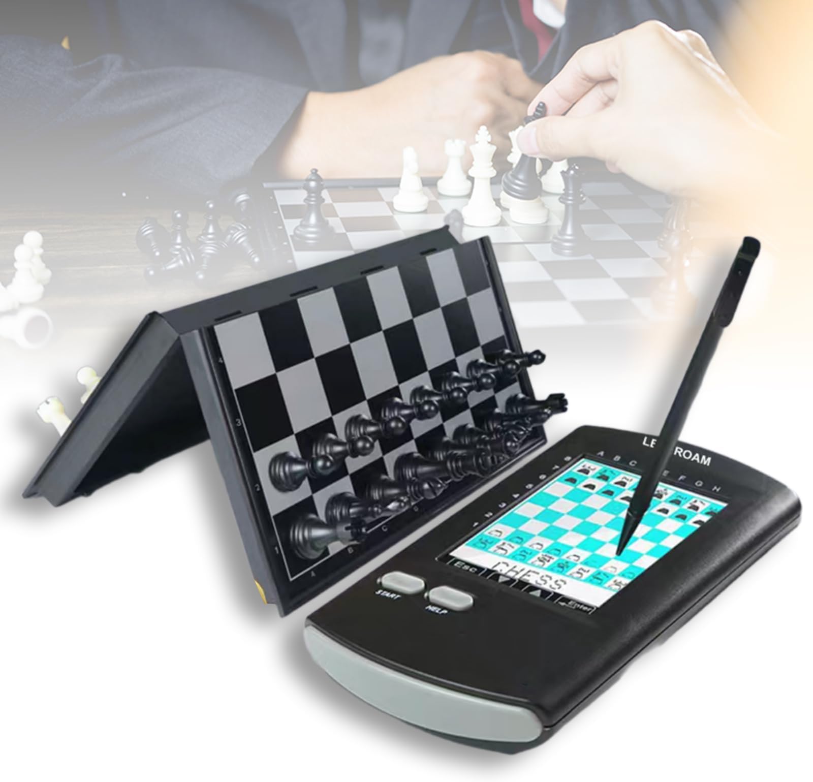 Electronic Chess Set, Electronic Chess Board Game, with Foldable Board and Magnetic Pieces, Stylus Large LCD Display, for Portable Single Player Matches, Ideal Adult Gift