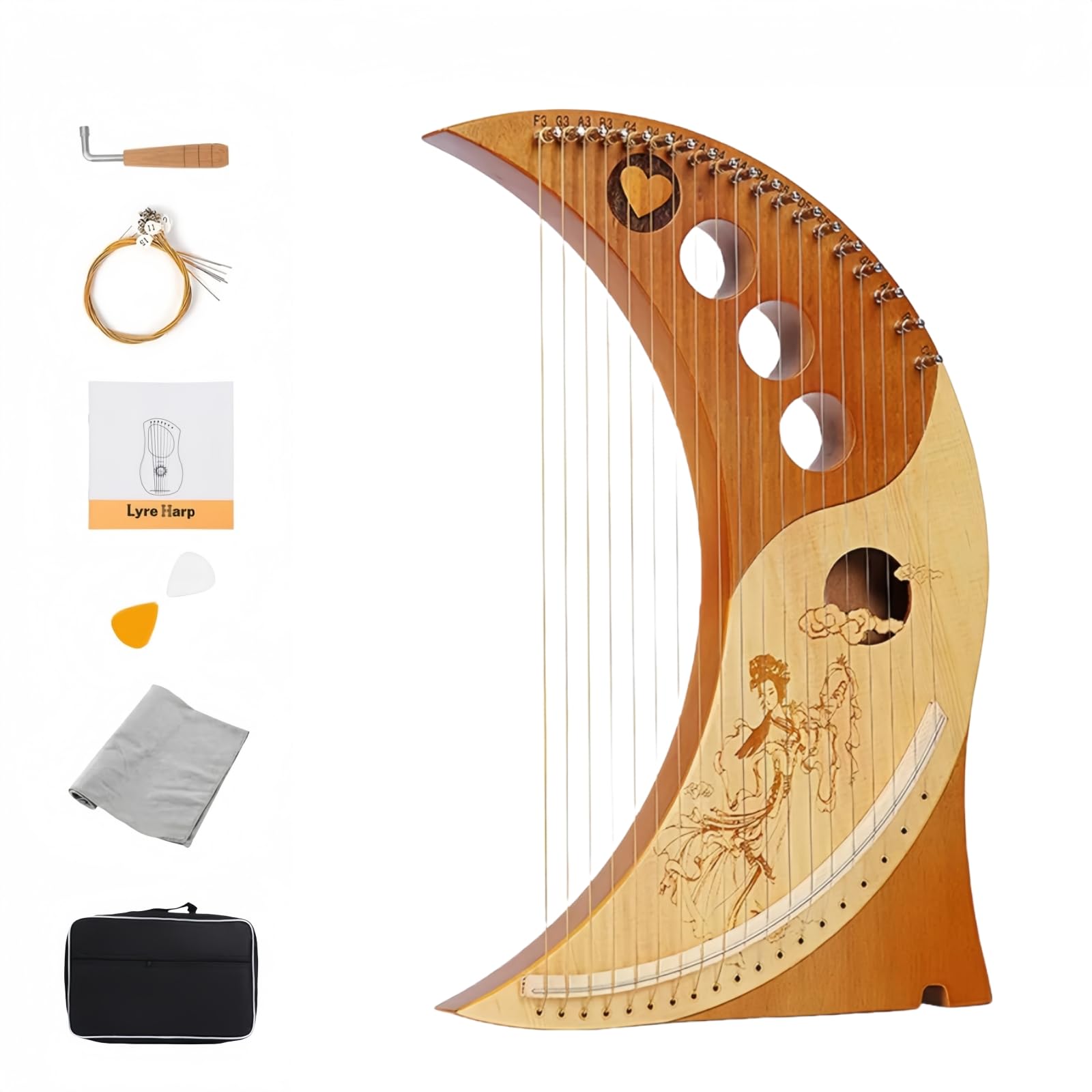 Harp?Lyre harp?19 string 16 note ?Traditional Classic Stringed Instruments?Humanized Moon Harp?Comes with a tuner, spare strings, instruction manual, and paddles