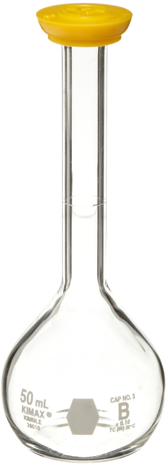 Kimax28010-200 Borosilicate Glass 200mL, 0.20mL Tolerance, Narrow Top with Rounded Bottom Class B Volumetric Flask, with Snap Cap (Pack of 6)