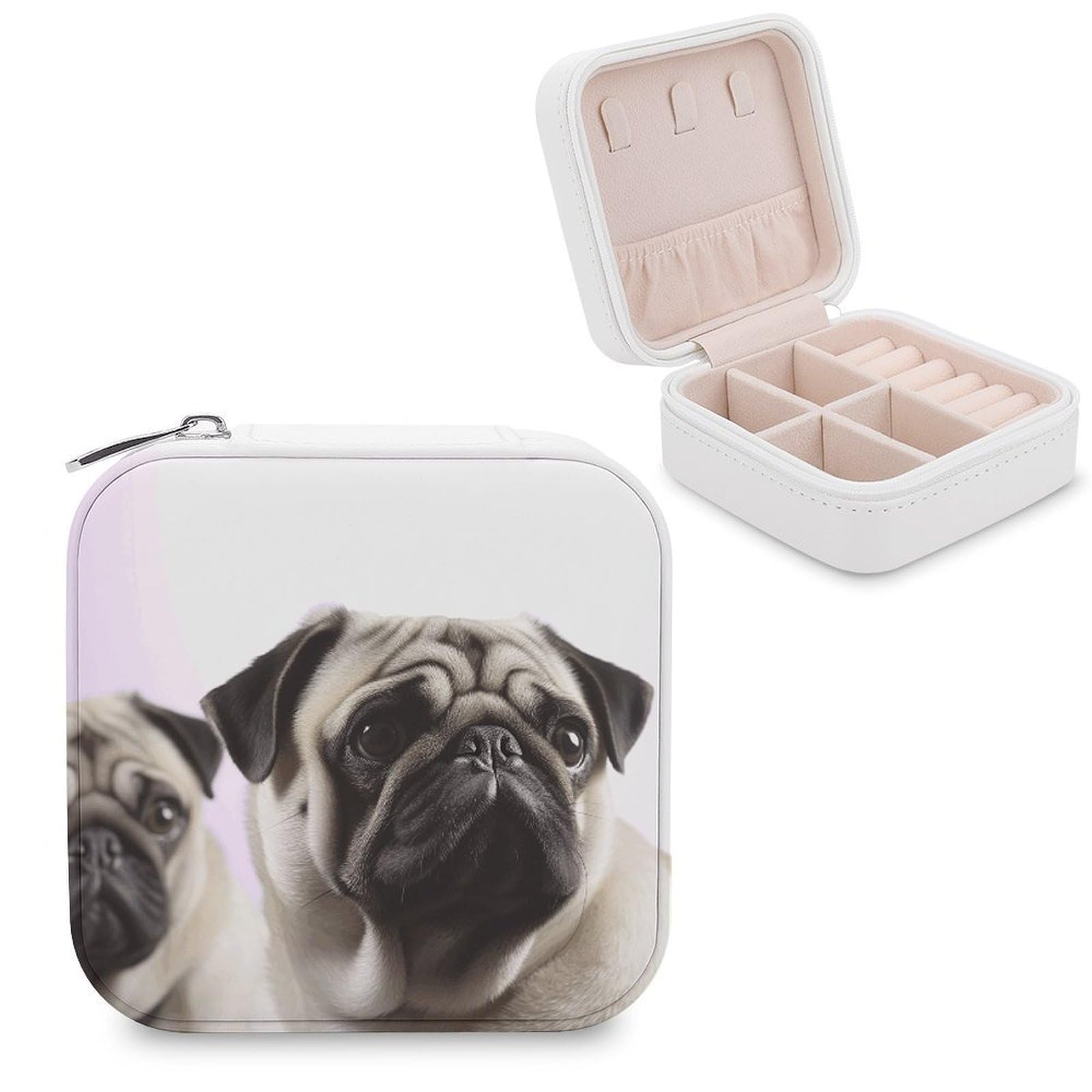 VstaDank Pug Dog Jewelry Box Exquisite Leather Jewelry Organizer Portable Trinket Organizer Fashion Travel Jewelry Case for Rings Earrings Necklaces Unique Gifts for Women