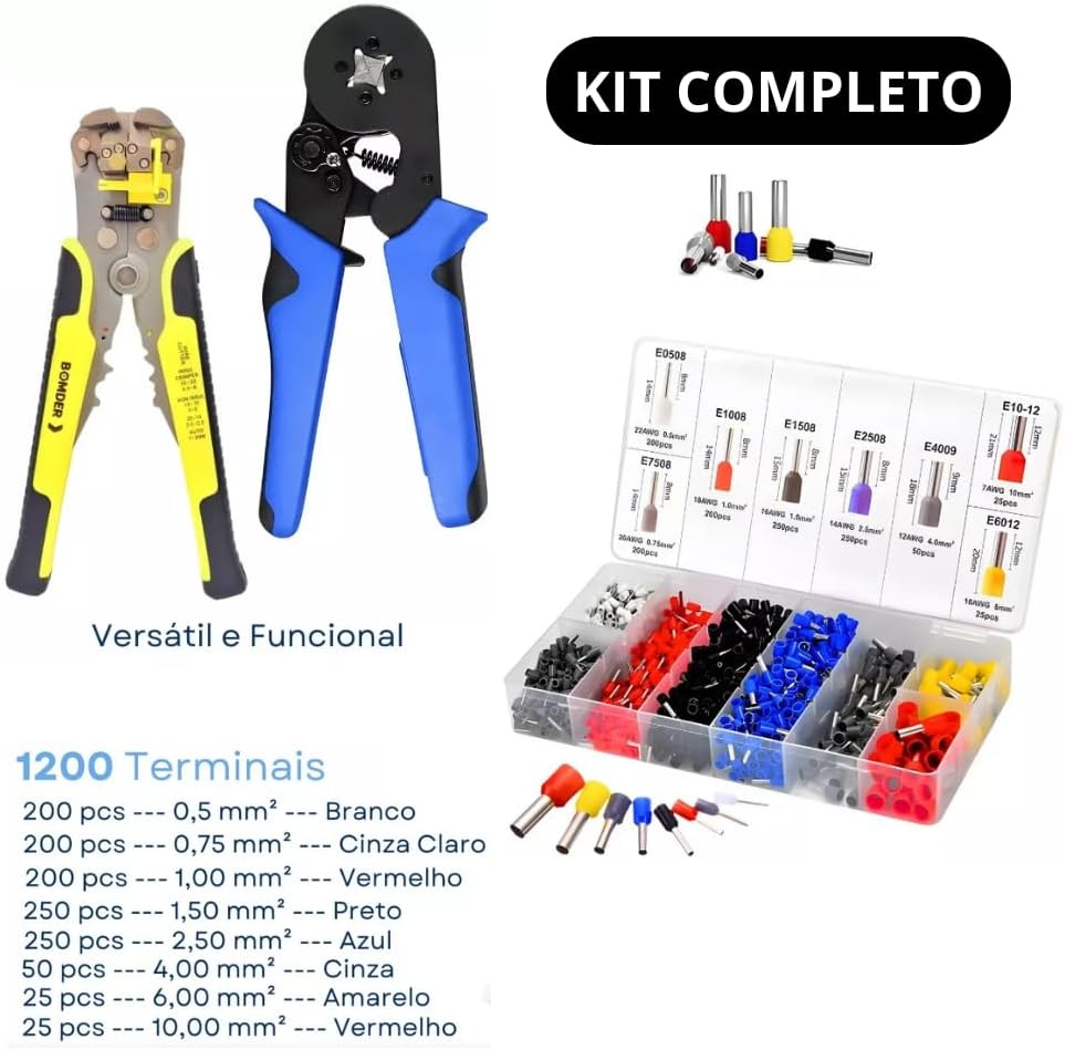 Kit Alicate de Crimpar Terminal + Alicate Descascador Decapador de Fio e Cabos 3 em 1 + Estojo Maleta de 1200 Terminal Tubular ilhós - Conjunto para Reparo Eletrico - Linha Profissional Premium Kit Alicate de Crimpar Terminal + Alicate Descascador Decapador de Fio e Cabos 3 em 1 + Estojo Maleta de 1200 Terminal Tubular ilhós - Conjunto para Reparo Eletrico - Linha Profissional Premium