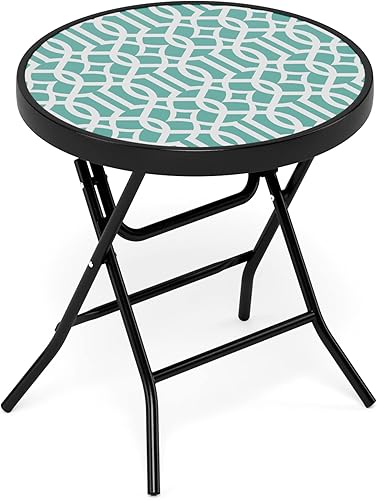 MFSTUDIO Mesa auxiliar de patio, mesa auxiliar redonda plegable portátil para bistró, mesa auxiliar de metal de vidrio templado, soporte para