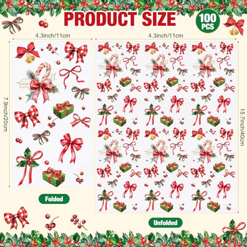 Pajean 100 Pack Christmas Paper Guest Napkins Vintage Disposable Bathroom Napkins Candy Cane Buffalo Plaid Ribbon Bow Christmas Poinsettia Decorative Hand Towels for Xmas Holiday Party Kitchen Dinner – Image 3
