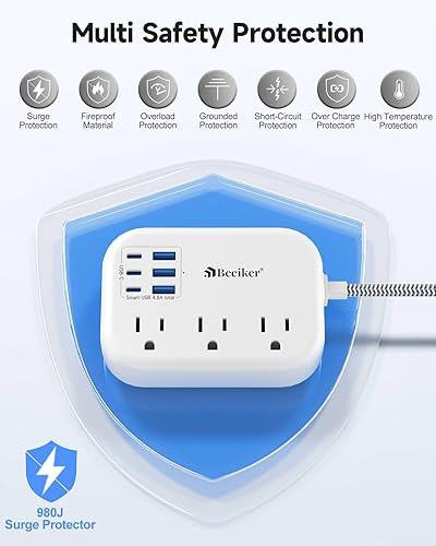 Miniatura 5 de Tira de alimentación con protector de sobretensiones de 6 USB (3 USB), cable de extensión de 10 pies con estación de carga USB de 24 W y 3 tomas,