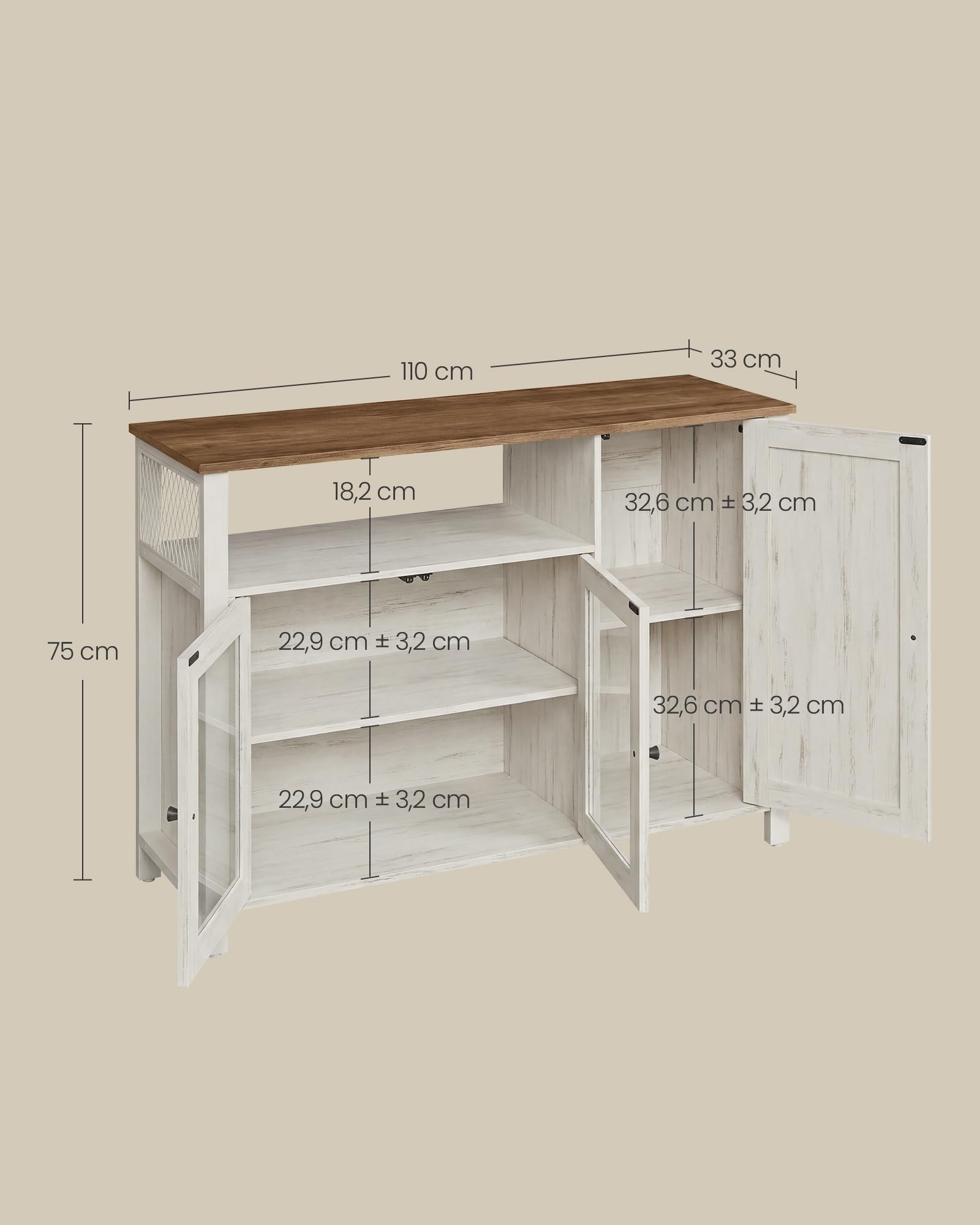 VASAGLE Meuble de Rangement, Buffet, Armoire de Cuisine, Placard, avec 3 Portes, pour Salon, Cuisine, Salle à Manger, 33 x 110 x 75 cm, Style Rustique, Marron Miel et Blanc Rustique LSC096WJ02