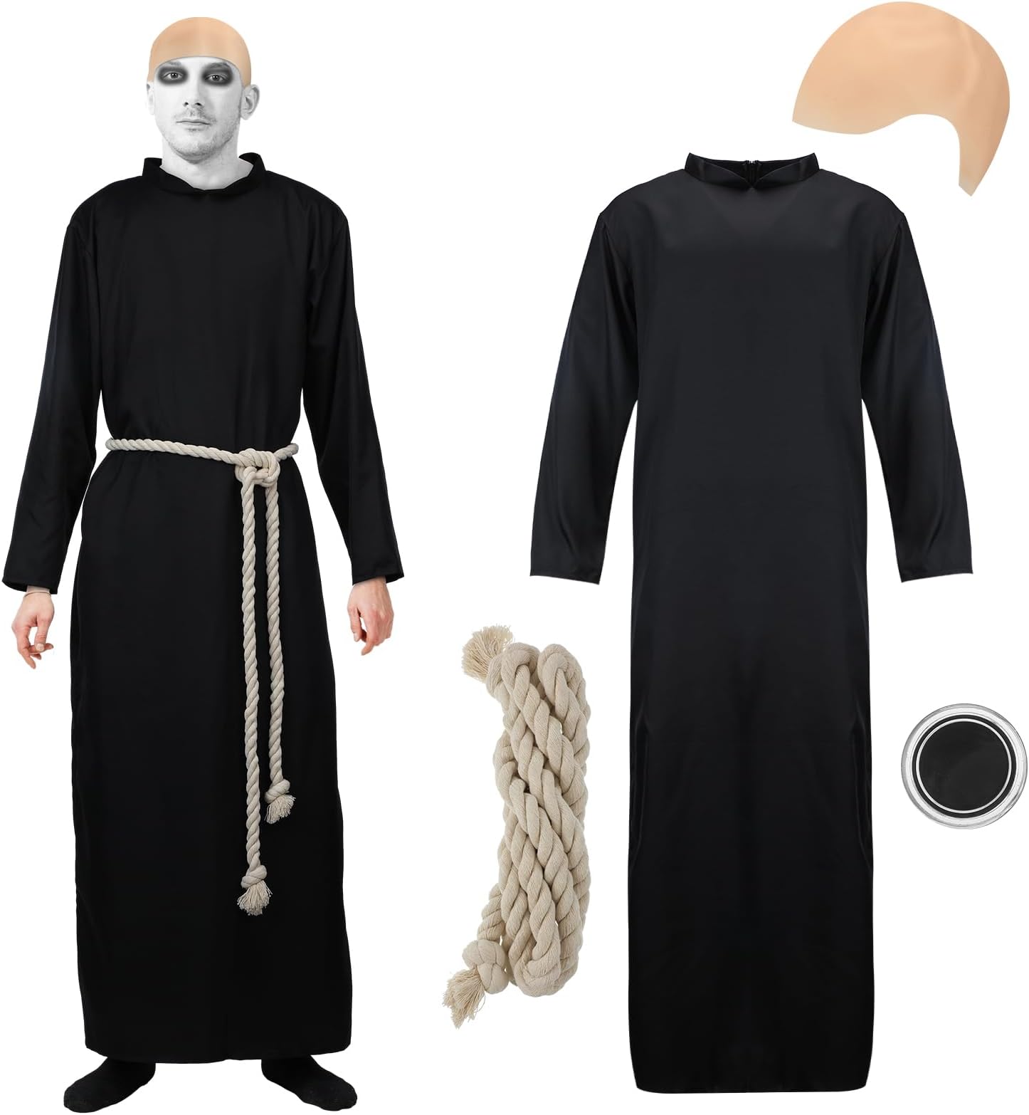MepaseSet of 4 Halloween Black Uncle Costume Set with Tunic Hooded Robe Cord Belt Latex Bald Cap Makeup Black Cream for Cosplay Family Costume Adults Party, Black, One size