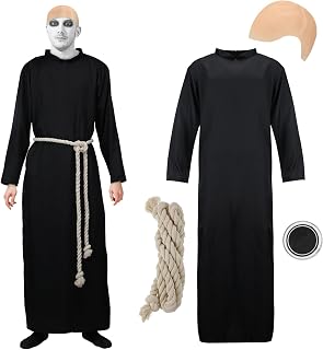 Set of 4 Halloween Black Uncle Costume Set with Tunic Hooded Robe Cord Belt Latex Bald Cap Makeup Black Cream for Cosplay Family Costume Adults Party