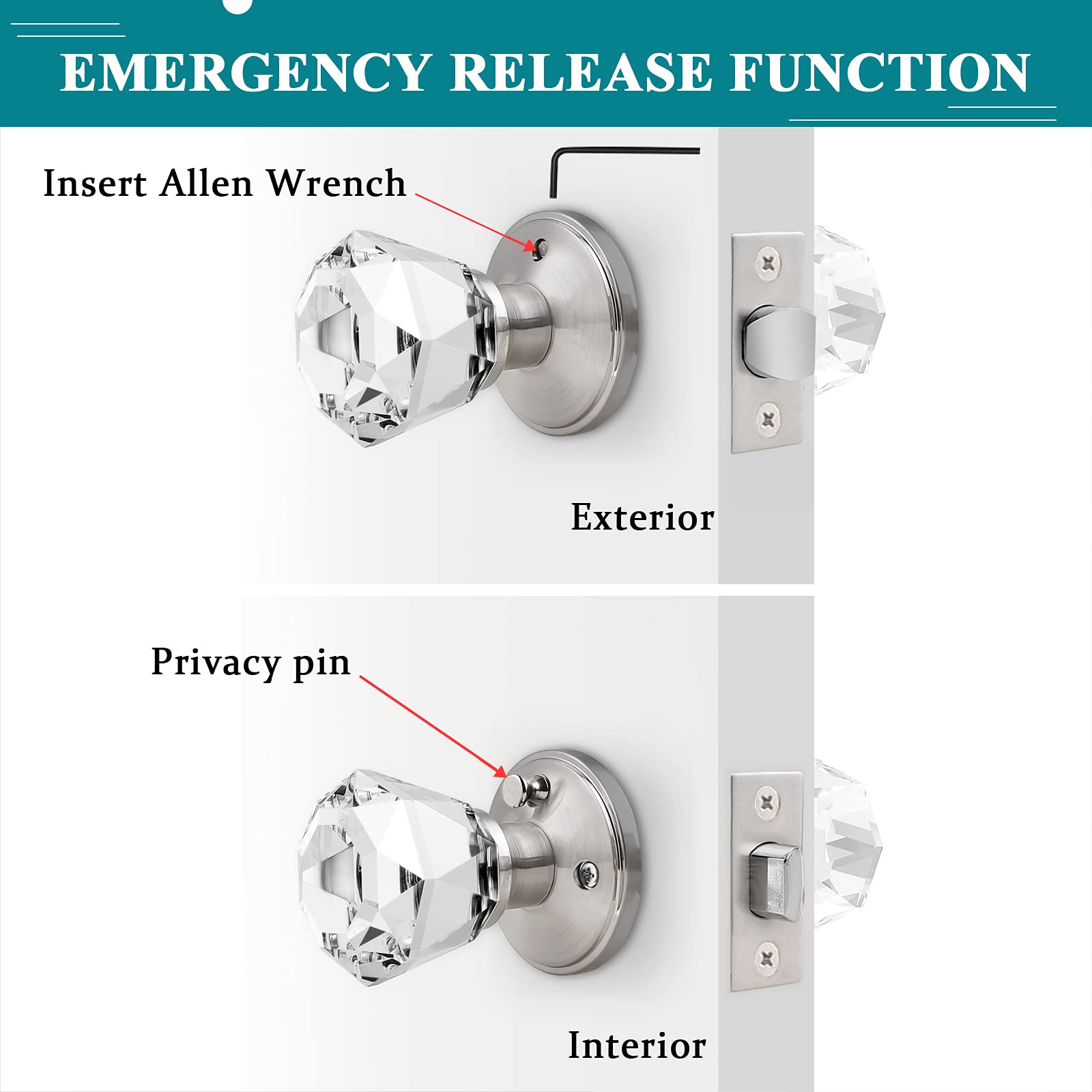 Orger 2 Pack Satin Nickel Door Knob Sets, Privacy Keyless Interior Door Knobs for Bathroom and Bedroom, Diamond Shape Crystal Glass Door Knobs with Zinc Alloy Base