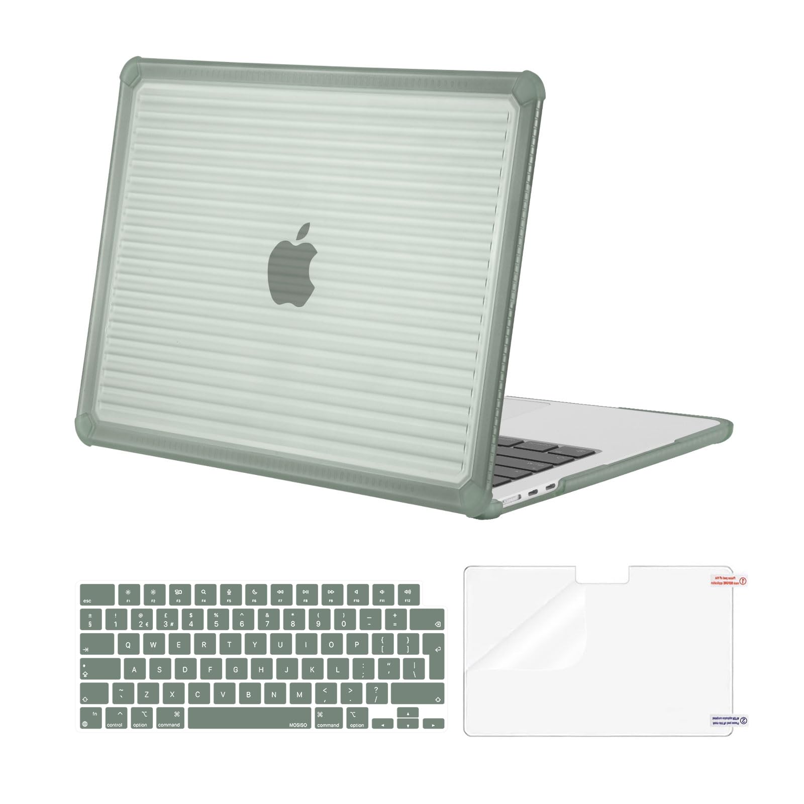 MOSISO Custodia Compatibile con MacBook Air 13 Cover M5 M4 M3 M2 2026-2022 | Copritastiera&Paraurti TPU Anti-crepa Strisce Servizio Pesante Case per MacBook Air 13,6 pollici A3449 A2681 2025 2024, Verde